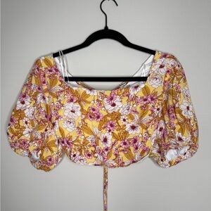 Altar'd State Retro Floral Lace Back Puff Sleeve Crop Top